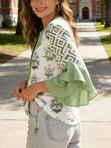 1 Women'S Floral & Geometric Pattern Print Blouse - Button-Front Top With Three-Quarter Length Ruffle Sleeves, Non-See-Through Fabric For Everyday & Formal Events - Spring/Summer Blouse In Green, Women'S Clothing - 薄荷綠 - 查看 4