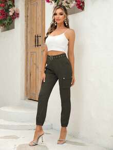 Elastic Hem Utility Pants With Side Pockets Spring - Army Green - View 3