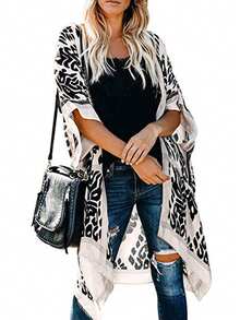 Plus Size Floral Print Loose Casual Kimono Vacation Beach Black Summer - Black - View 1