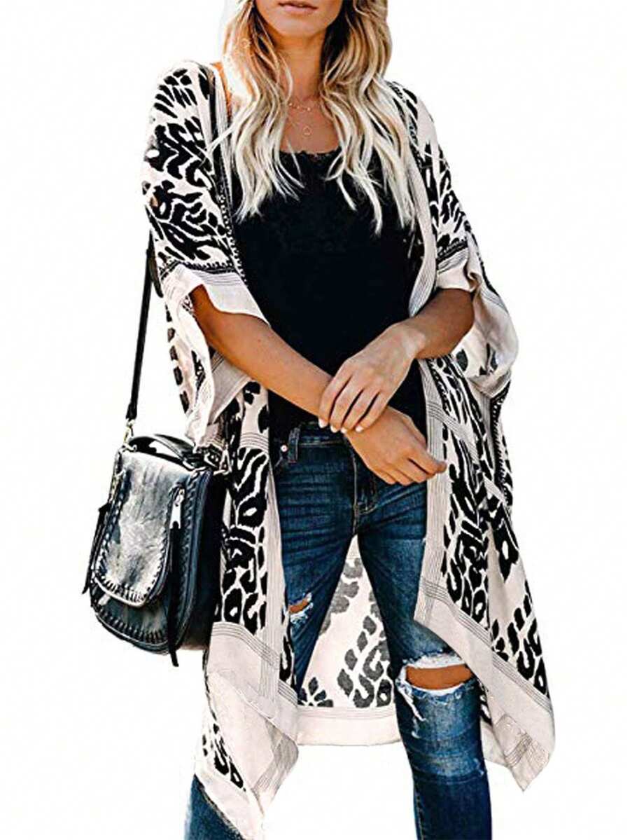 Plus Size Floral Print Loose Casual Kimono Vacation Beach Black Summer - Black - View 1