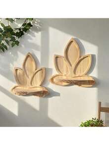 1/2 Pcs Natural Wood Lotus Flower Wall Shelf - Bohemian Zen Floating Rack, Arched Leaf Design, Pine Wood Material, Minimalist Wall-Mounted Storage Shelf, Suitable For Living Room, Bedroom, Bathroom, Meditation Room - Space-Saving Decorative Storage Rack (Easy To Install) - Multicolor - View 2