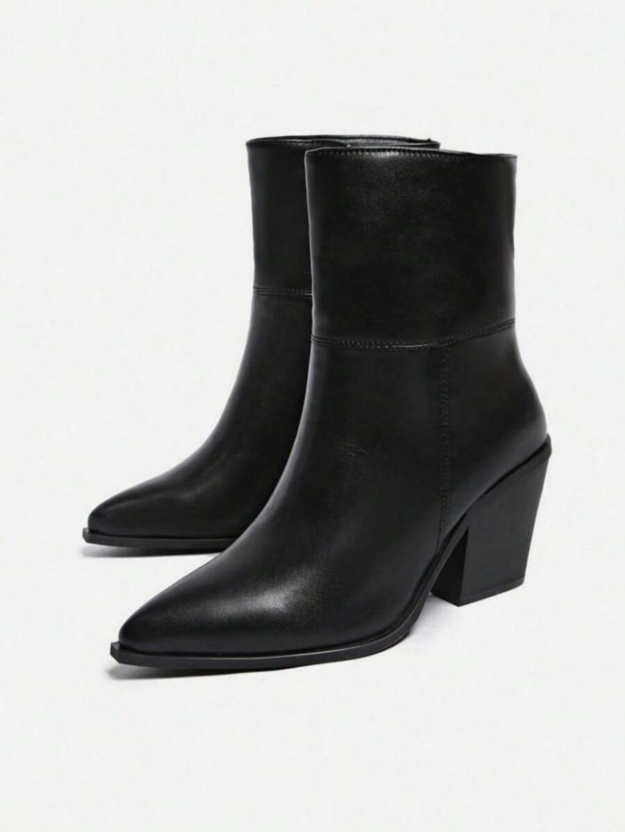 秋冬美式尖头拉链踝靴，新款复古尖头西部靴，粗跟侧拉链短筒欧美靴，尺码 35-42，女靴 - 黑色 - 查看 1