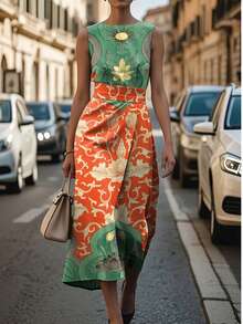 Colorblock Sleeveless Fitted Waist Midi Dress, Dresses For Women Vestidos Elegantes De Mujer - 彩色 - 查看 3