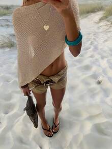 Women's New Style One-Shoulder Semi-Sheer Sleeveless Asymmetrical Knit Pullover, Fashionable Casual Sexy Vacation Beach Party Sweater, Spring And Summer - Apricot - View 7