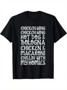 Funny Foodie Graphic T-Shirt - Chicken Wing Hot Dog Bologna Macaroni & My Homies Design - Black With White Print Regular Fit Casual Tee For Men Women - Gym Outdoor Party Humor Apparel, Food T Shirt, Festive Clothing, Playful Style, Quality Stitching, Novelty Apparel, Fun Fashion, Perfect Birthday Christmas Mother's Day Gift Size Urban Streetwear Statement Piece With Edgy Graphic,Casual & Effortlessly Cool, Perfect For Any Occasion,Vintage-Inspired & Timeless Classic With A Modern Twist. - 黑色 - 查看 1