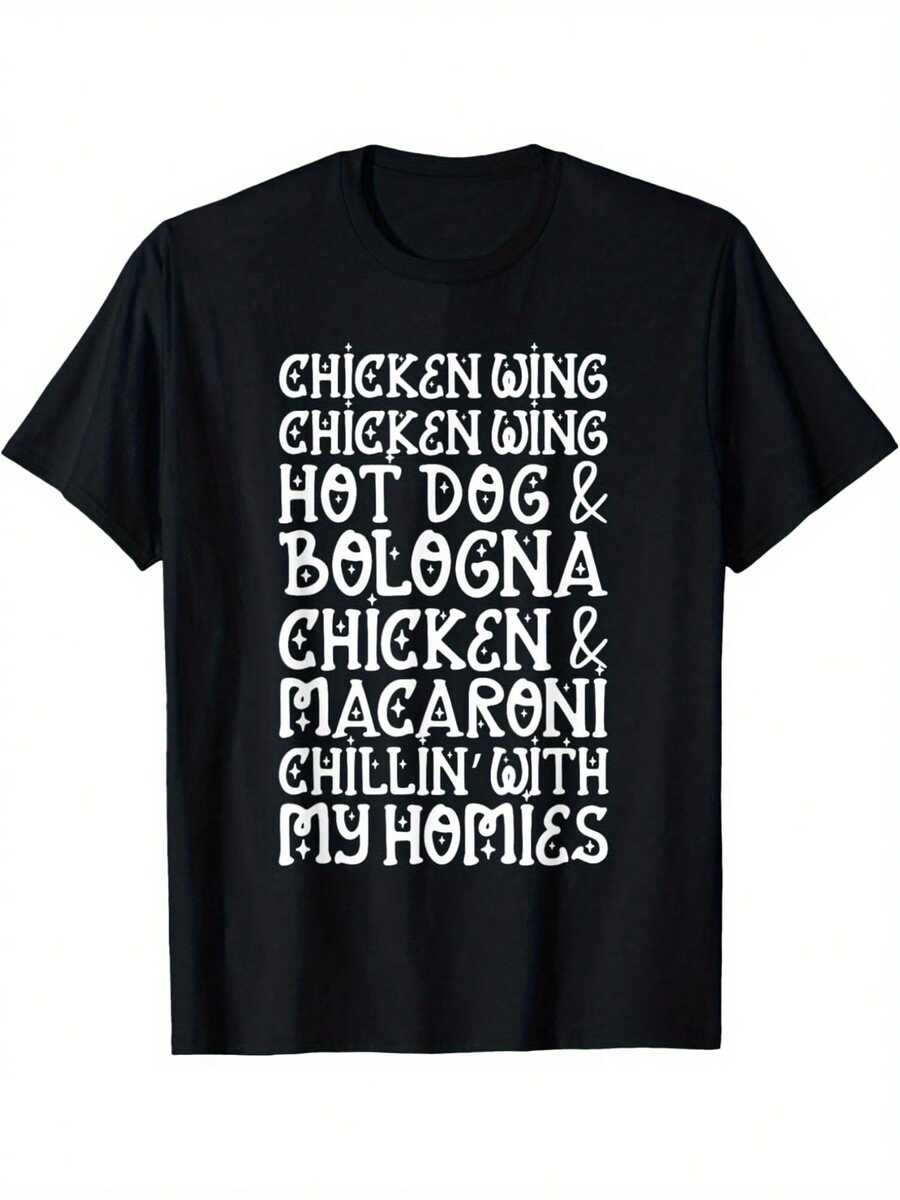 Funny Foodie Graphic T-Shirt - Chicken Wing Hot Dog Bologna Macaroni & My Homies Design - Black With White Print Regular Fit Casual Tee For Men Women - Gym Outdoor Party Humor Apparel, Food T Shirt, Festive Clothing, Playful Style, Quality Stitching, Novelty Apparel, Fun Fashion, Perfect Birthday Christmas Mother's Day Gift Size Urban Streetwear Statement Piece With Edgy Graphic,Casual & Effortlessly Cool, Perfect For Any Occasion,Vintage-Inspired & Timeless Classic With A Modern Twist. - 黑色 - 查看 1