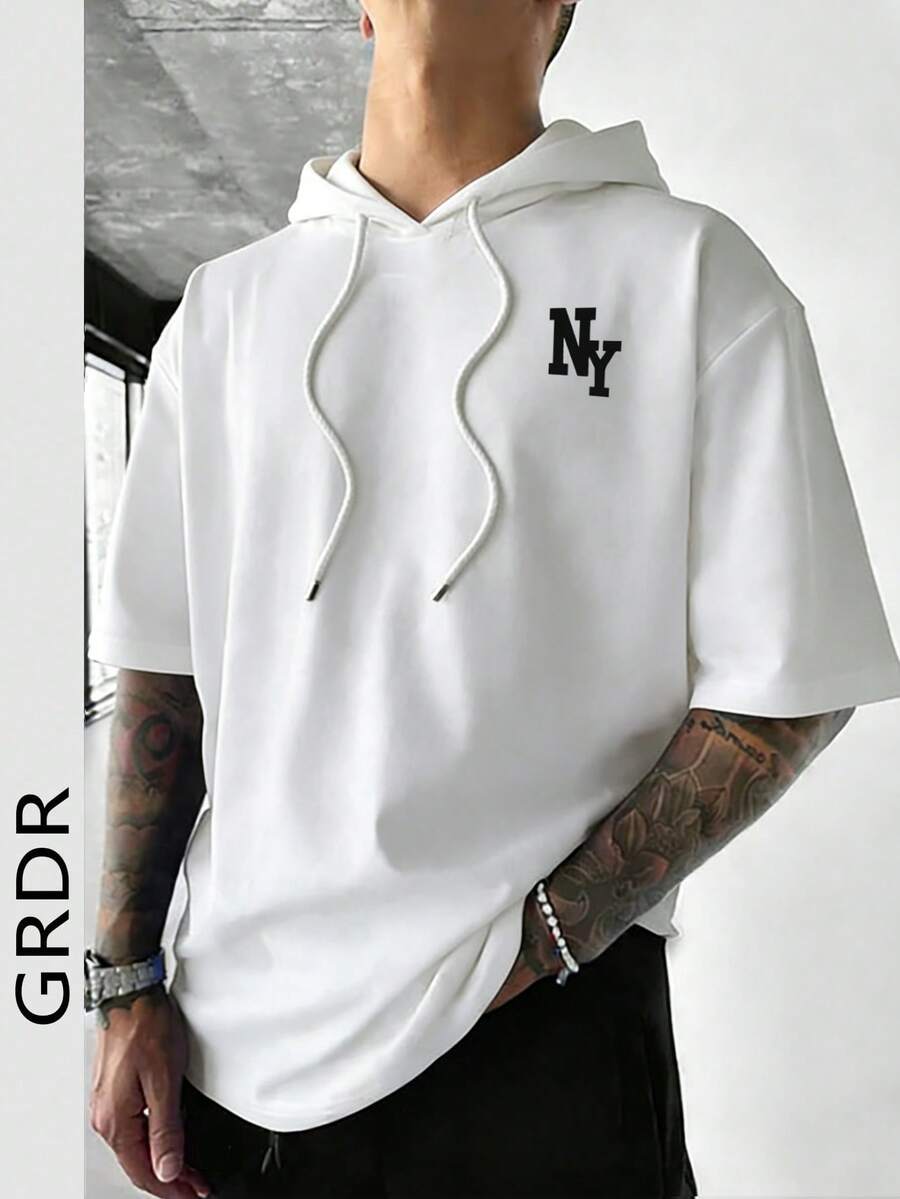 GRDR Men's Casual Versatile Drawstring Hooded NY Letter Print Short Sleeve T-Shirt, Suitable For Leisure, Sports And Outdoor Wear - White - View 1
