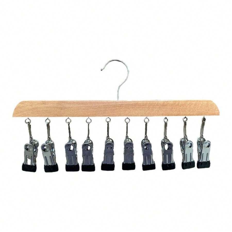 Closet Organizer Leggings Holder With 10 Clips, Set Of 2 Wooden Yoga Pant Hangers That Hold 20 Leggings, Space-Saving Hanging Closet Organizer With Rubber-Coated Organizers And Storage, Clothes Hanger With Clips For Bras, Belts, Socks, And Hats - 1 Pack - View 1