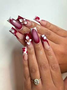 24 piezas Pegatinas de uñas de gel 3D con flores largas y cuadradas, decoración de perlas falsas para manicura francesa, incluye 1 pieza de gel de gelatina y 1 pieza de lima de uñas, adecuado para mujeres en el trabajo diario, fiestas y ocasiones, suministros de uñas - Multicolor - Ver 4