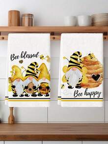 2pcs Bee & Bee Happy Gnome Kitchen Towels Kitchen Cloths, Polyester Hand Towels , Super Soft Woven Dishcloths, Machine Washable, Ideal For Holiday Gifts & Home Decor. - Multicolor - View 1