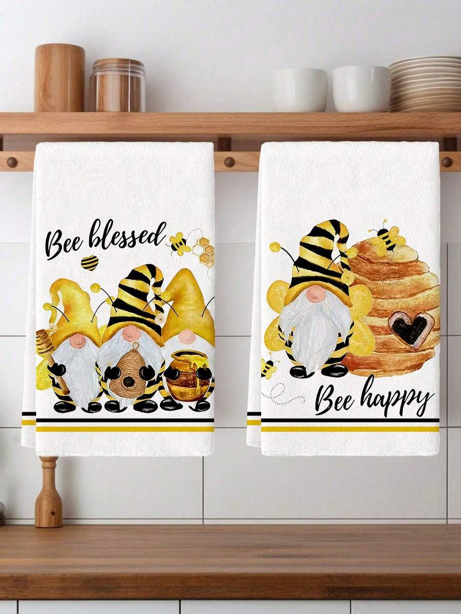 2pcs Bee & Bee Happy Gnome Kitchen Towels Kitchen Cloths, Polyester Hand Towels , Super Soft Woven Dishcloths, Machine Washable, Ideal For Holiday Gifts & Home Decor. - Multicolor - View 1