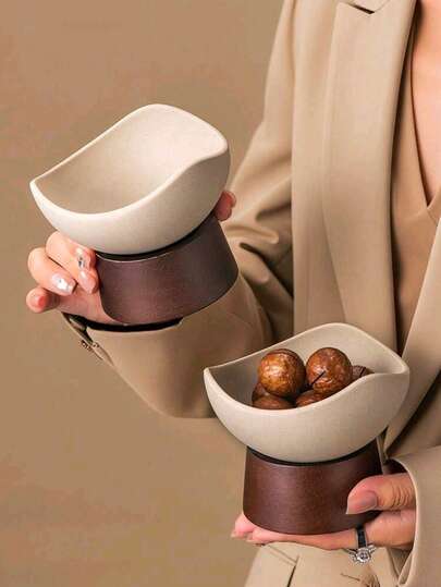 Vintage Fruit Bowl With Sturdy Wooden Base - Reusable Multipurpose Dessert Bowl For Home And Restaurant, Hand Wash Only, Creative Fruit Snack Cup, Novelty Tableware, Textured Surface | Kitchen Decor