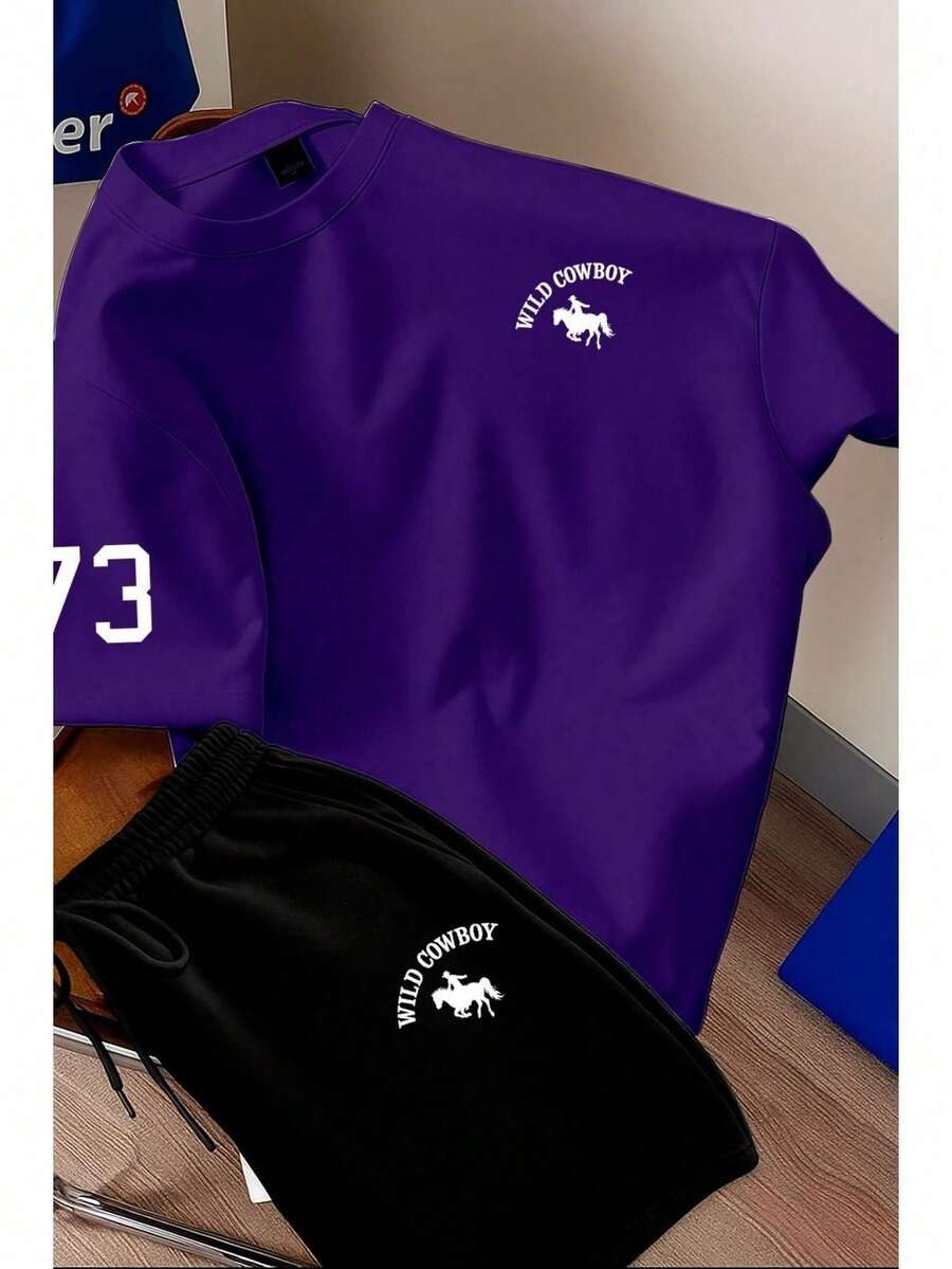 Men's T-Shirt And Shorts Set - New Summer Collection - Modern - Premium Cotton - Purple - View 1
