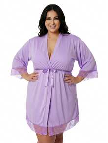 Women's Plus Size Robe In Romantic With Lace Detail And Satin Bow Luxury Comfortable Violet - 中紫紅色 - 查看 1
