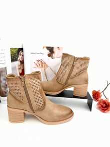 Women's Casual Style Heeled Ankle Boot, Spring Summer Collection, Open Ankle With Studs, Buckle Closure - All Khaki - View 4