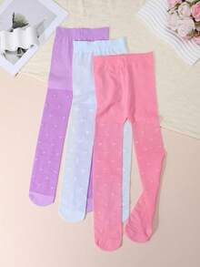 3 Pairs Girls Heart Pattern Tights, Style, High Elasticity Pantyhose, Spring/Summer New Arrival - Multicolor - View 2