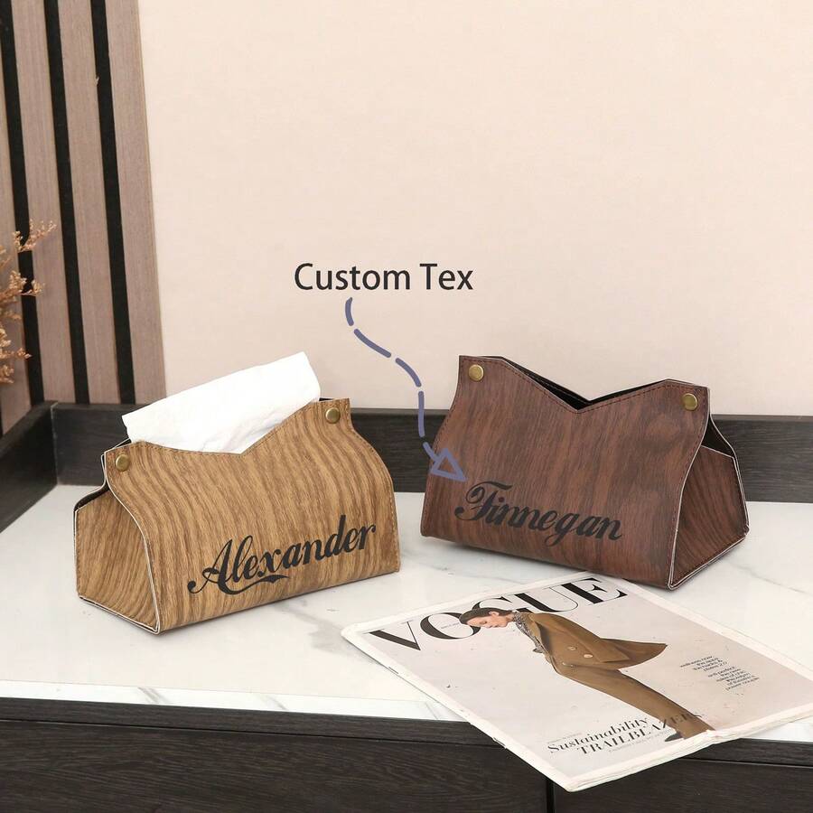 1 pieza Caja de pañuelos personalizada con logotipo grabado de cuero y grano de madera, soporte de toallas de papel de lujo para hotel/hogar/automóvil - Multicolor - Ver 1