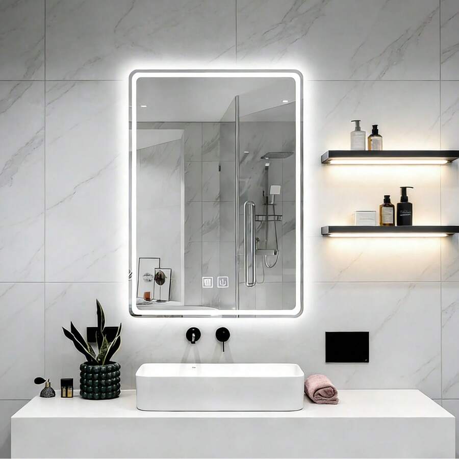 Espejo táctil inteligente con led, tres temperaturas de color ajustadas libremente, botón de luz ajustable táctil con un solo clic, función de eliminación de niebla inteligente, función de memoria, 70 * 50 cm, se puede instalar verticalmente o horizontalmente, adecuado para duchas, tocadores de dormitorios, vestíbulos - Blanco - Ver 1
