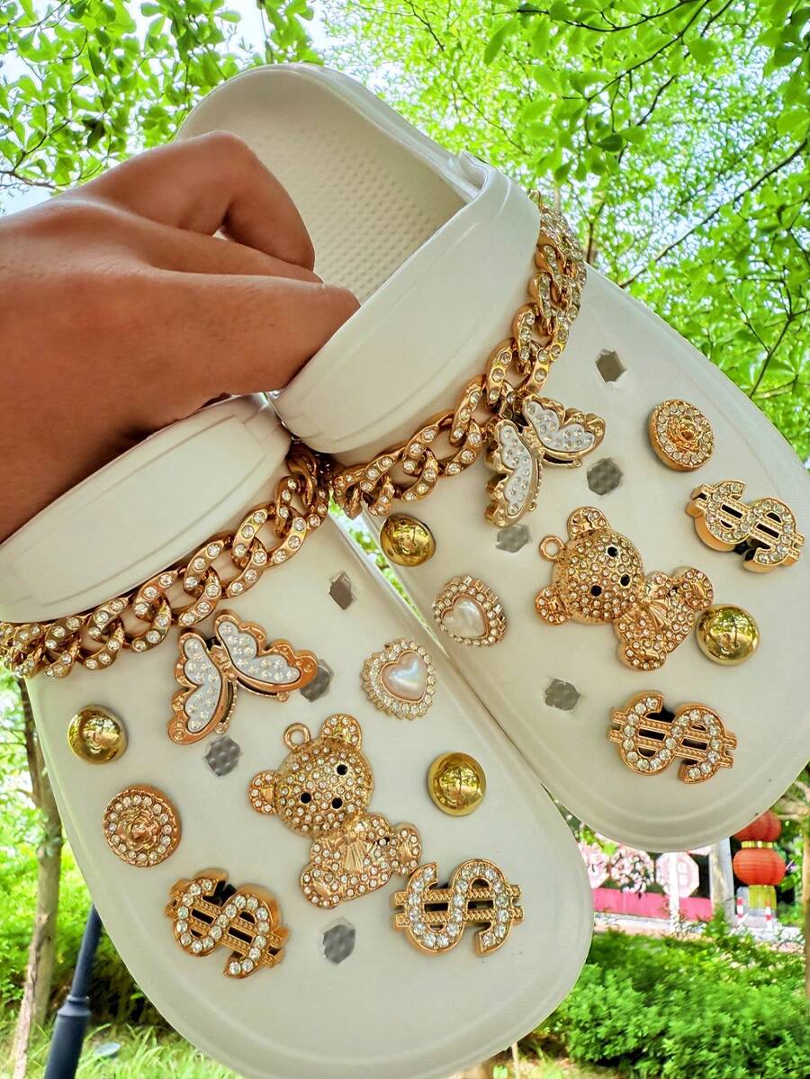 Conjunto de 18 peças de botões decorativos removíveis com strass dourado em formato de ursinho, corrente e flor para sapatos de jardim. Ideais para sapatos de praia, sapatos vazados, presentes de Natal e para todas as estações. - Ouro - Ver 1