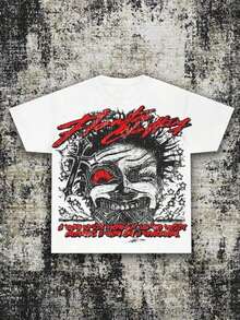 (220 Cotton T-Shirt) Men's 2000s Dark Graffiti Graphic T-Shirt - Edgy Face Design And Bold Red Print, Loose-Fitting Cotton T-Shirt - 白色 - 查看 1