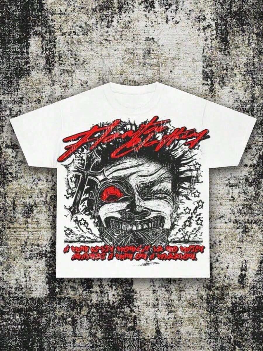 (220 Cotton T-Shirt) Men's 2000s Dark Graffiti Graphic T-Shirt - Edgy Face Design And Bold Red Print, Loose-Fitting Cotton T-Shirt - 白色 - 查看 1