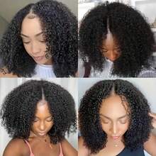 Pelucas rizadas con parte en V, cabello humano brasileño rizado para mujeres, pelucas en forma de V, pelucas frontales de encaje sin omisiones, pelucas con parte en U mejoradas, pelucas de media cabeza sin pegamento con clip, densidad del 180 %. - Natural Black - Ver 4