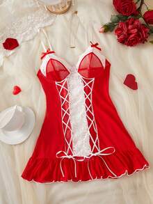 Women Red Nightgown,Sexy,Sheer,Mesh,Criss Cross,Bow,Lingerie,Slip Dress - Red - View 8