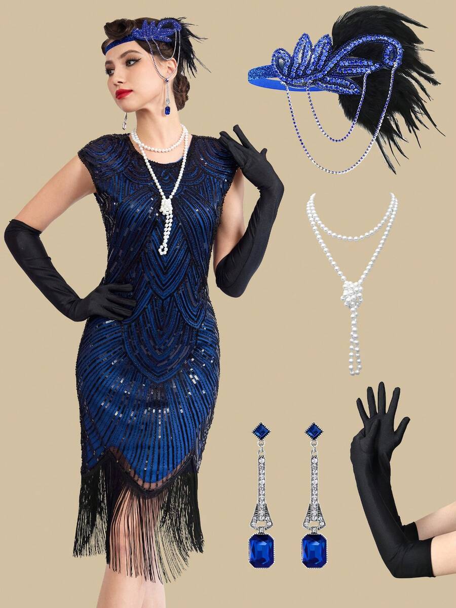 女士复古流苏连衣裙，1920年代《了不起的盖茨比》风格，亮片流苏装饰，搭配20年代配饰套装，尽显20年代复古风情。 - 藍色 - 查看 1