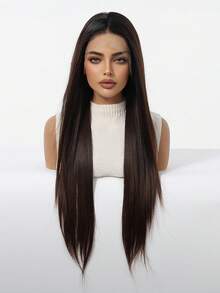 Unisex Adult Long Straight Synthetic Lace Front Wig - Pre-Trimmed Hairline, Heat Resistant Fiber, 13x3 Lace Area, Heat Resistant, Chocolate Brown, Fashionable Wig Suitable For All - Chocolate Brown - View 4