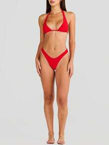 Women's Two Piece Bikini Swimsuit Triangle Top Bathing Suits Back Tie String Cheeky Bikini Sets - Rojo - Ver 3