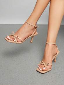 Women Stiletto Heeled Sandals With Bowknot Decor, Fashion Kitten Heels Square Open Toe Ankle Strap Heeled Sandals For Wedding Party Evening - 裸色 - 查看 1