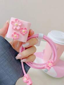 5件套粉色樱花图案充电器/数据线保护套，适用于1.5米充电线和数据线，防断绕线器，兼容 12/13/14和20W快充，数据线整理器，防断线，TPU充电器保护套