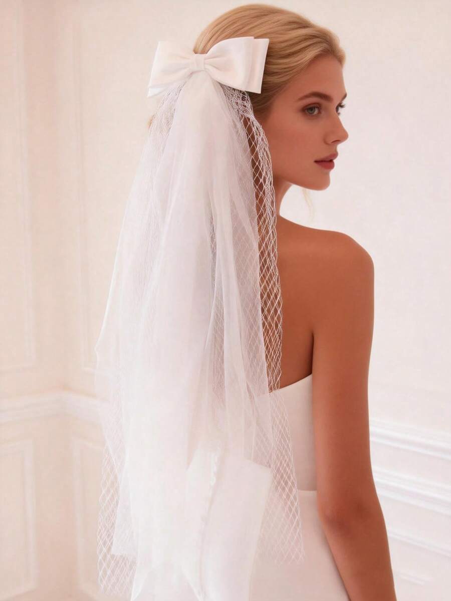 1 chiếc khăn voan cô dâu kèm kẹp tóc nơ, khăn voan ngắn màu trắng kiểu Pháp dành cho lễ cầu hôn, lễ đăng ký kết hôn. - trắng - Xem 1