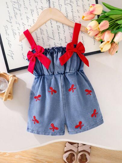 Baby Girl Cute Summer Butterfly Embroidery 3D Bow Patchwork Contrast Color Waist Strap Denim Romper