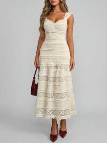 Sedessea 女士优雅现代性感浪漫蕾丝双层叠加可用作单肩连衣裙 - 米色 - 查看 1