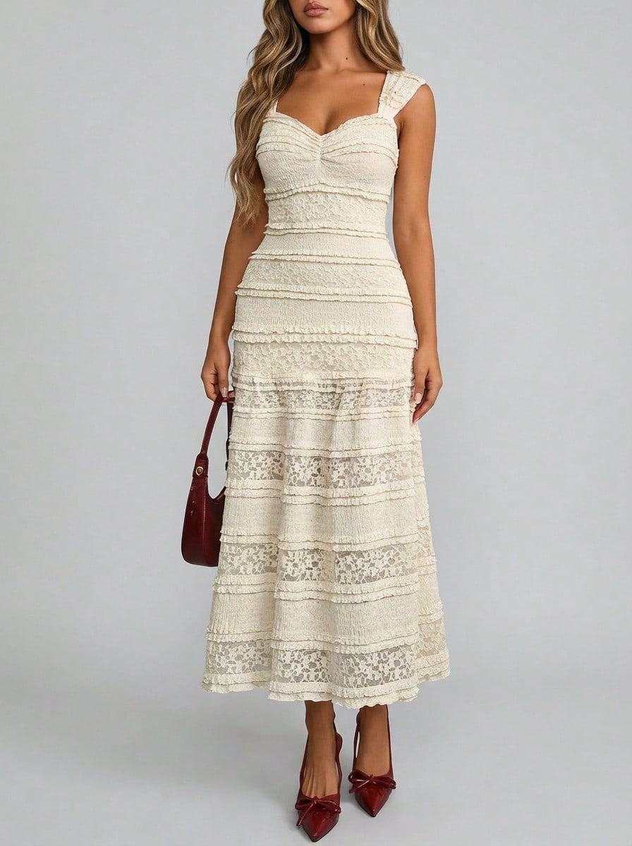 Sedessea 女士优雅现代性感浪漫蕾丝双层叠加可用作单肩连衣裙 - 米色 - 查看 1