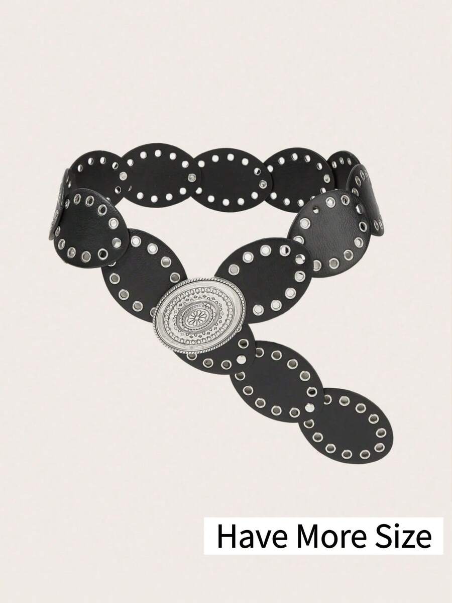 1条西部牛仔风波西米亚女士腰带，西部风配饰，波西米亚风女士时尚配饰，复古黑色金属铆钉椭圆形腰带，连衣裙配饰，适合派对、海滩、音乐节等场合，提供加大码 - 黑色 - 查看 1