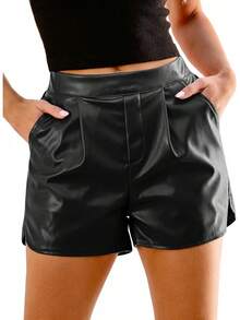 Faux Leather Shorts Women High Waisted Pleated Wide Leg Stretchy Shorts With Pockets PU Leather PantsA Valentine's Day SFP6 - 藍色深淵 - 查看 2
