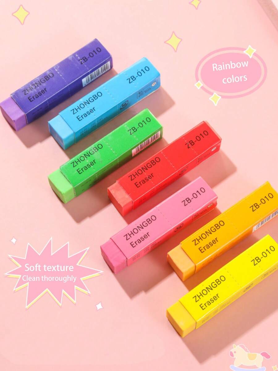 7pcs Rainbow Color Erasers, Black & White Erasers, Low-Dust Student Exam Erasers, Elementary School Erasers, Clean Erasing - Multicolor - View 1