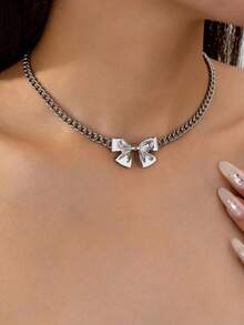 1pc Fashionable Chain With Bowknot Pendant Necklace, Fresh And Cute Elegant Design Suitable For Women's Daily Wear, Parties And Dates, Great Gift - Silver - View 2
