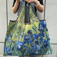 Large Capacity Foldable Tote Bag For Women, Stylish Patterned Shoulder Bag For Shopping & Gym, Portable Travel Carry-On Handbag, Durable Office & Daily Use Grocery Bag - sf-04-油畫鳶尾花 - 查看 5