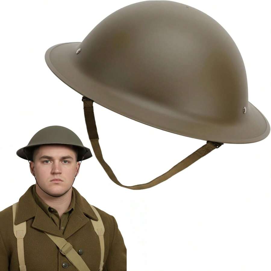 Novelties Adult WW2 British Helmet Ally WW2 Helmet Hat Lightweight Plastic Cushioned Lined Interior Brodie Costume Reenactment Accessory Olive Drab Green Adjustable Fit - 1 - 查看 1