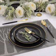 2/10/20/25/50pcs Black Rimmed Dinnerware Set, Black With Gold Rim Plates & Bowls, Suitable For Birthday, Party, Banquet, Dinner, Holiday Celebration, New Year Event, Catering - Black With Gold Trim - View 7