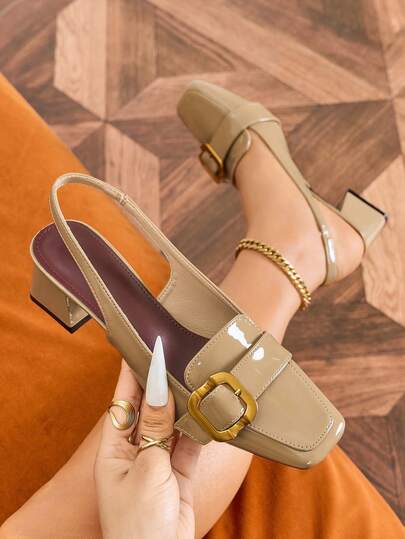 2026 New French Chunky Heeled Closed Toe Sandals, Burgundy Color, Mid-Low Heel, Metal Square Toe, Elegant Women's High Heels