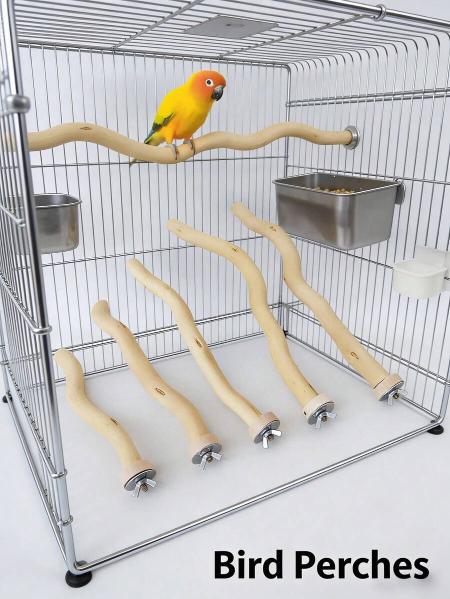 Natural Wood Bird Perch Stand, Curved Wooden Cage Perch With Screw Fixing For Parrots, Budgies And Small Pet Birds