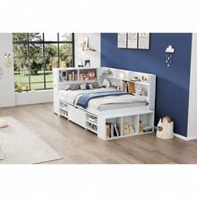Children's Bed, 90 X 200 Cm, Single Bed, Multifunctional Children's Bed With Drawers, Shelf And Storage Cupboard, Large Storage Space, Slatted Base, Mattress Not Included, White