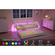 Cama diurna con litera, cama gemela con litera metálica y estación de carga con luces LED, marco de cama convertible con litera extraíble para sala de estar, habitación de invitados, apartamento, espacios pequeños - Blanco - Ver 7