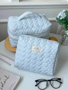 1件/套蓝色格子绗缝大容量化妆包化妆品收纳包，女孩甜美时尚便携化妆包旅行化妆包，多功能拉链收纳袋，可装口红、卫生巾、硬币、钥匙、发夹、发圈等，可爱旅行洗漱包旅行收纳化妆包，母亲节礼物，开学礼物，新年礼物 - 藍色 - 查看 7