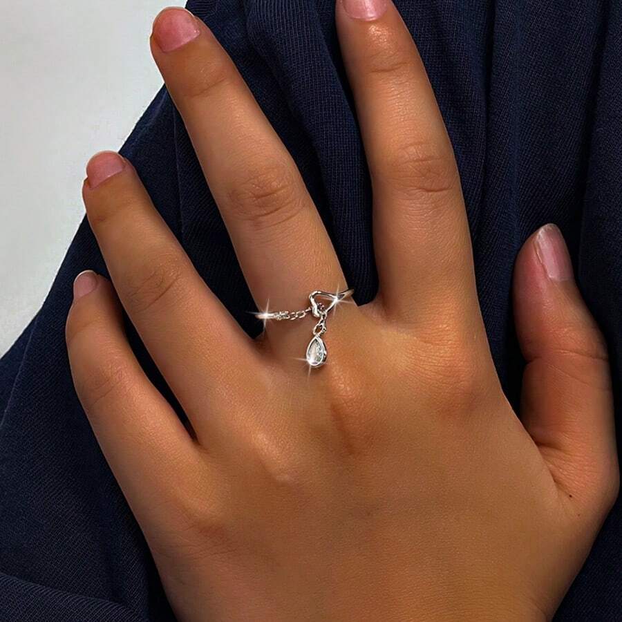 1枚小众高端925纯银合成锆石几何水滴流苏开口戒指，适合度假、派对、婚礼等场合。 - 銀色 - 查看 1