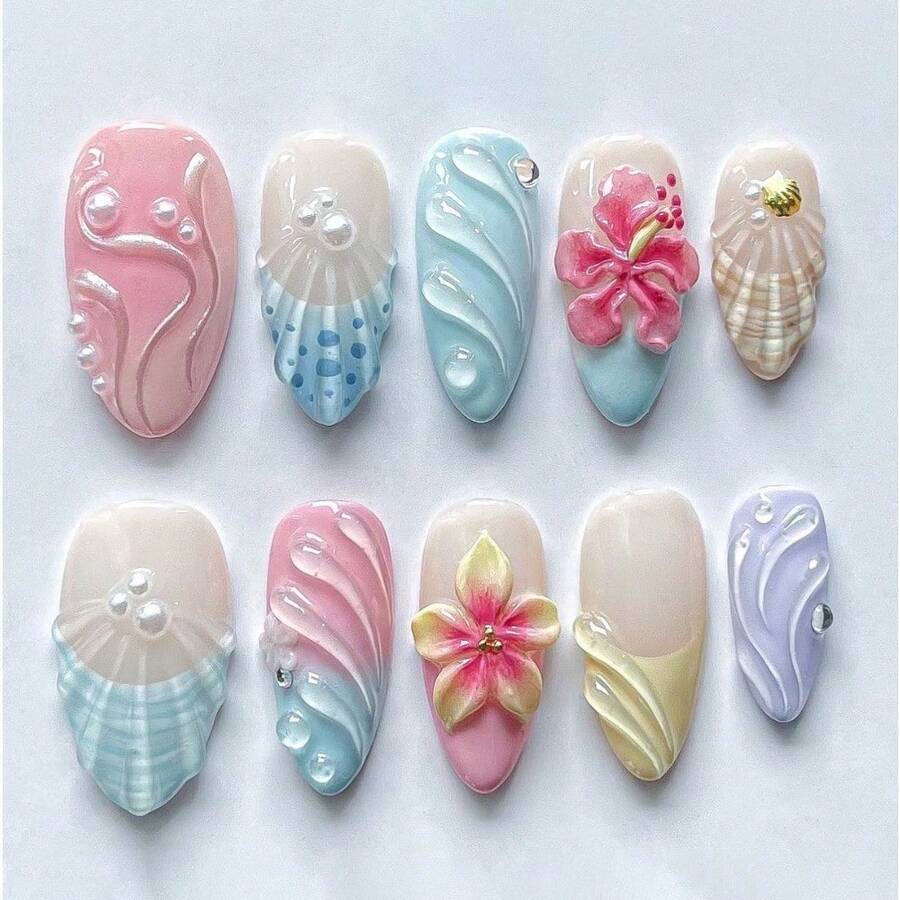 Haibei 3D Three-Dimensional Carving Gradual Change Nail Art Small Fresh Dopamine Flower With Diamond Ins Wear Nail - Z115-24 Pieces/box [Jelly Gel + Strip Forming] - View 1